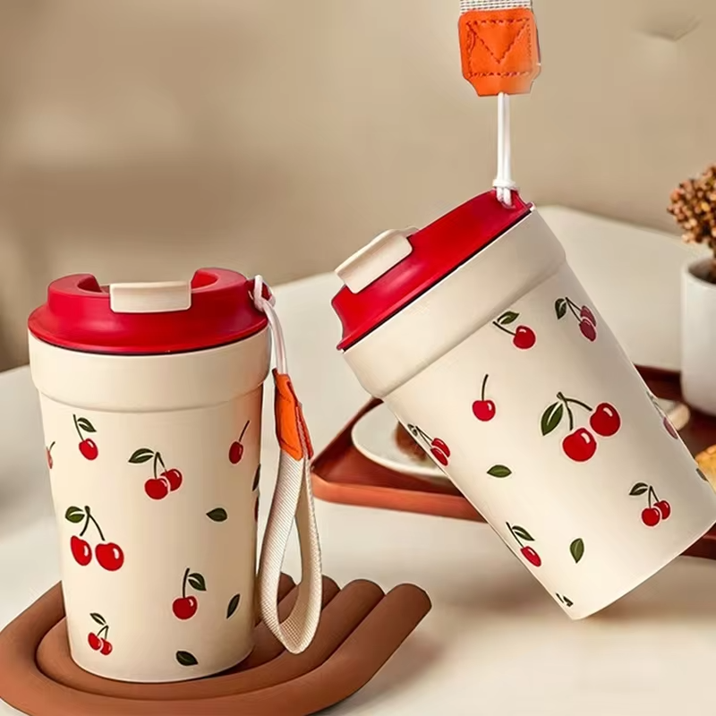 350/400ml Tumbler Plastic Water Cup With Rope Cherry Pattern Milk Coffee Mug Reusable Water Bottle For Student School Travel