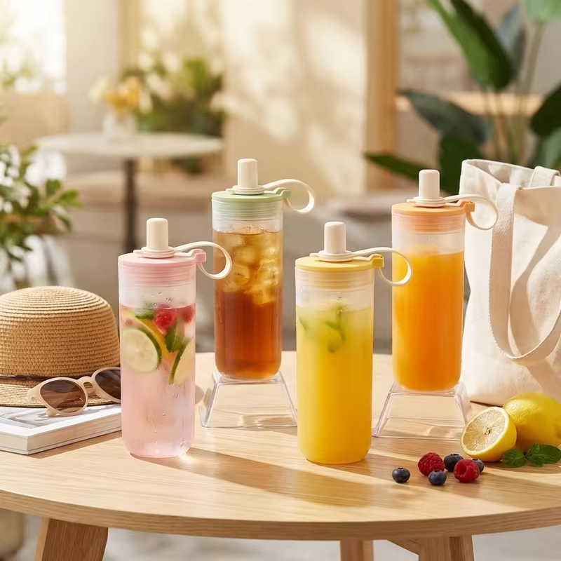 350/550ML Plastic Drinking Bottle With Handle&Straw Travel Sport Water Bottle For Juice Beverage Portable Tumbler For Students