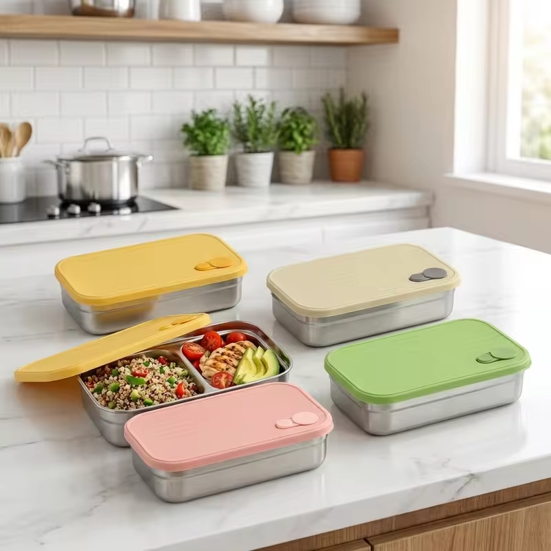 Stackable Food Storage Container 1/2 Grids Microwave 304 Stainless Steel Preservation Box Refrigerator Sealed Fresh-keeping Box