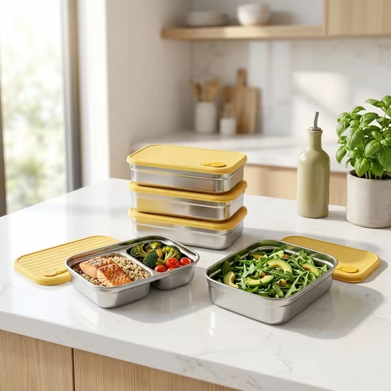 Stackable Food Storage Container 1/2 Grids Microwave 304 Stainless Steel Preservation Box Refrigerator Sealed Fresh-keeping Box