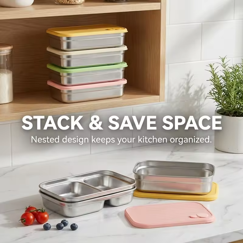Stackable Food Storage Container 1/2 Grids Microwave 304 Stainless Steel Preservation Box Refrigerator Sealed Fresh-keeping Box