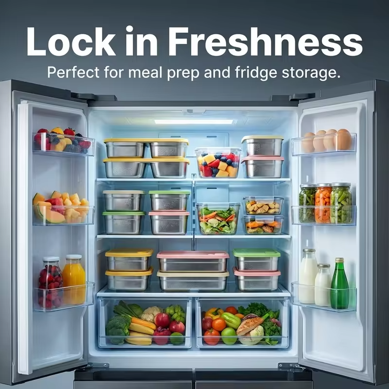 Stackable Food Storage Container 1/2 Grids Microwave 304 Stainless Steel Preservation Box Refrigerator Sealed Fresh-keeping Box