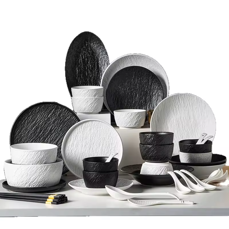 Tableware Set Black And White Rock Slab 8/16/34/55pcs Ceramics Dish Sets Full Set Luxury Dinnerware Set For 2/4/6/8/10 Persons