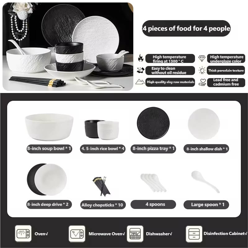 Tableware Set Black And White Rock Slab 8/16/34/55pcs Ceramics Dish Sets Full Set Luxury Dinnerware Set For 2/4/6/8/10 Persons