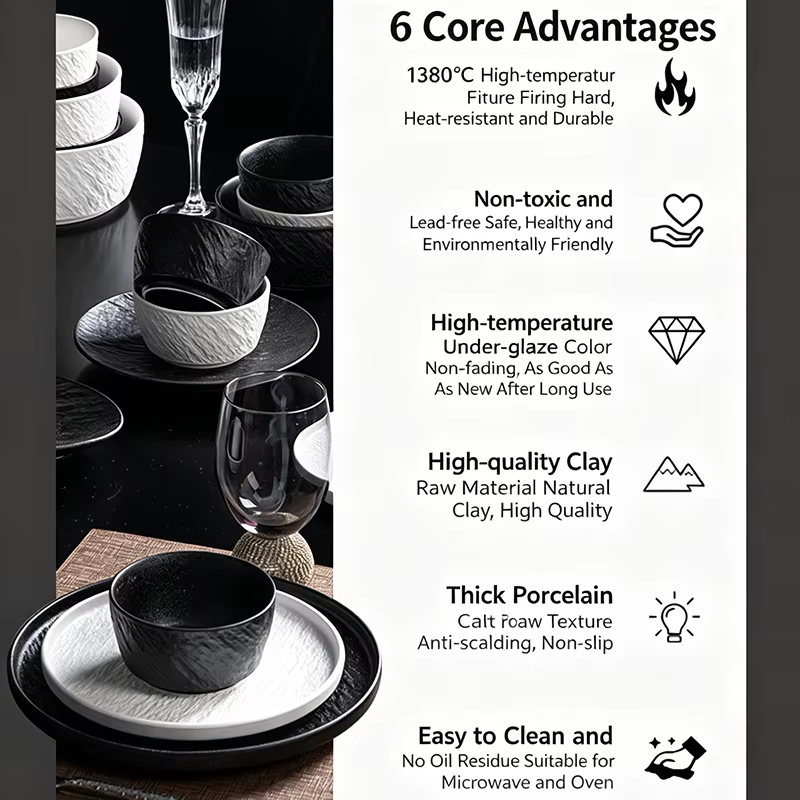 Tableware Set Black And White Rock Slab 8/16/34/55pcs Ceramics Dish Sets Full Set Luxury Dinnerware Set For 2/4/6/8/10 Persons
