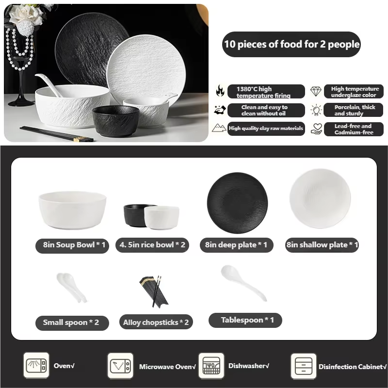 Tableware Set Black And White Rock Slab 8/16/34/55pcs Ceramics Dish Sets Full Set Luxury Dinnerware Set For 2/4/6/8/10 Persons