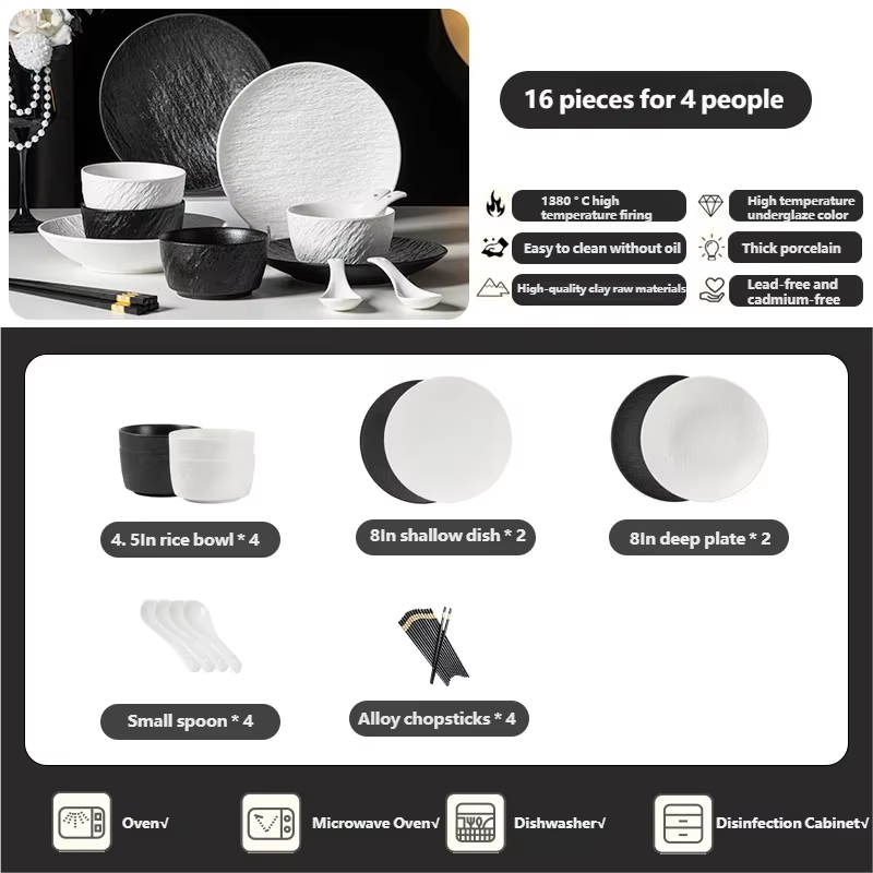 Tableware Set Black And White Rock Slab 8/16/34/55pcs Ceramics Dish Sets Full Set Luxury Dinnerware Set For 2/4/6/8/10 Persons