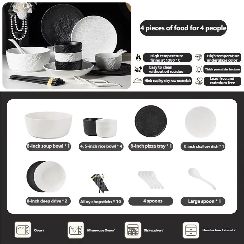 Tableware Set Black And White Rock Slab 8/16/34/55pcs Ceramics Dish Sets Full Set Luxury Dinnerware Set For 2/4/6/8/10 Persons