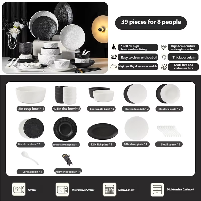 Tableware Set Black And White Rock Slab 8/16/34/55pcs Ceramics Dish Sets Full Set Luxury Dinnerware Set For 2/4/6/8/10 Persons
