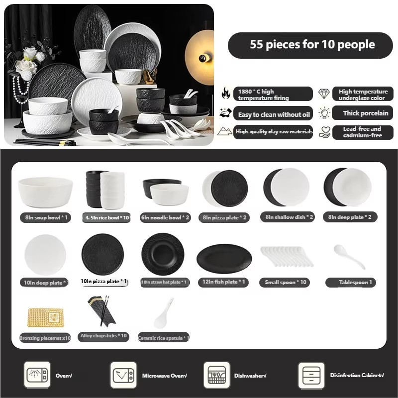 Tableware Set Black And White Rock Slab 8/16/34/55pcs Ceramics Dish Sets Full Set Luxury Dinnerware Set For 2/4/6/8/10 Persons