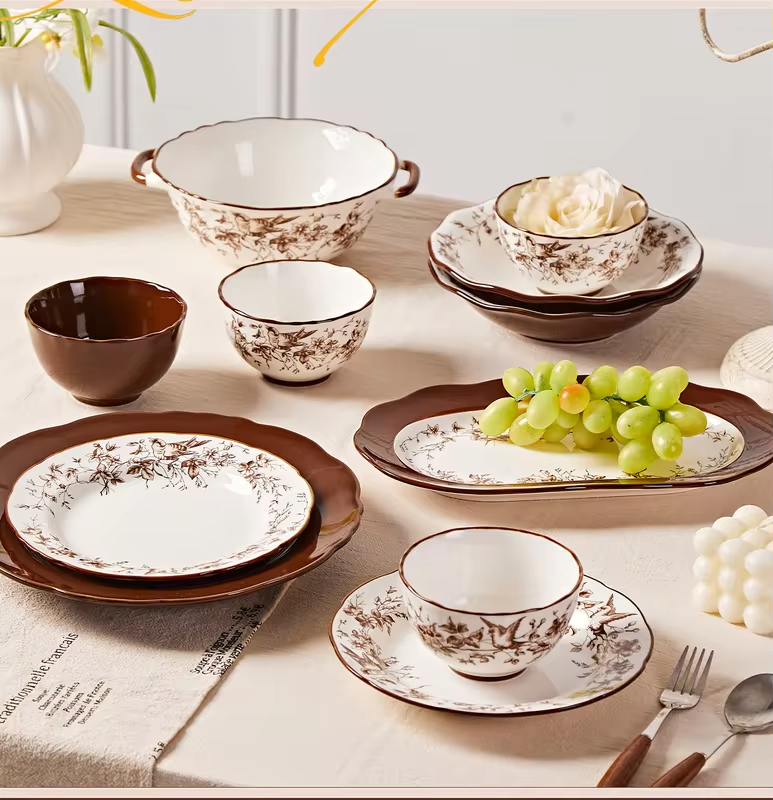 Retro Rose Household Anti-Slip full travel dish set is very luxurious luxury bowl kitchen dinner sets ceramic plates porcelain