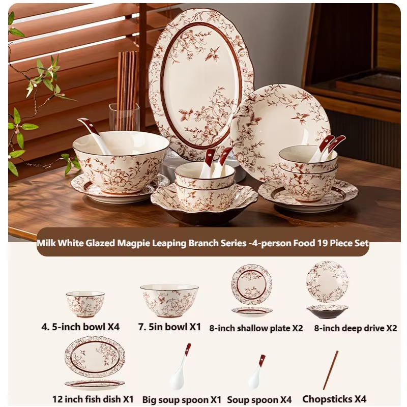 Tableware Set Magpie Leaping 9/19/27/35/43pcs Premium Ceramics Dish Sets Full Set Luxury China Dinnerware Set 2/4/6/8/10 Persons