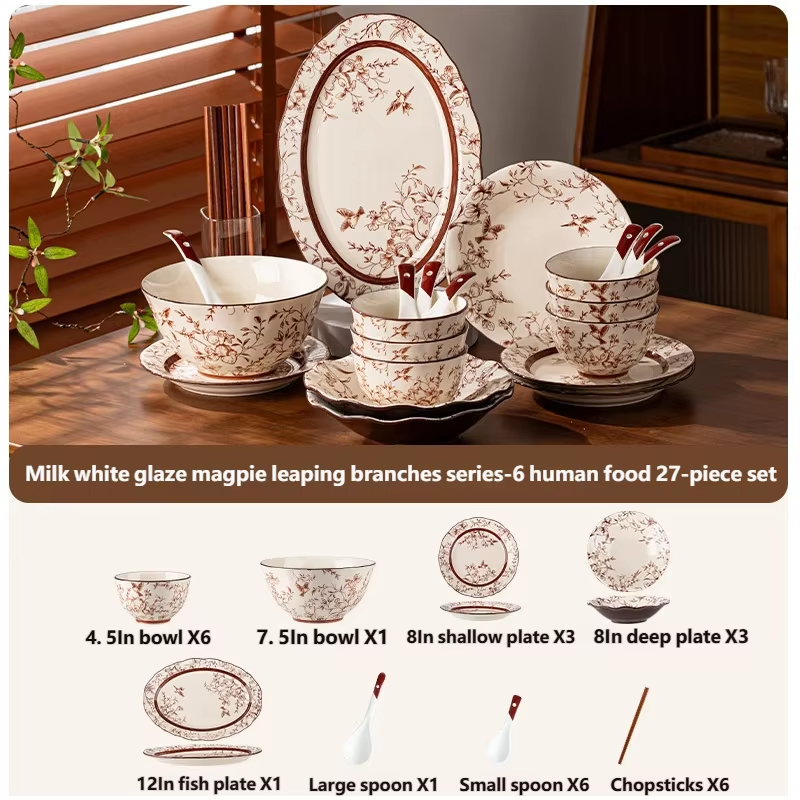 Tableware Set Magpie Leaping 9/19/27/35/43pcs Premium Ceramics Dish Sets Full Set Luxury China Dinnerware Set 2/4/6/8/10 Persons