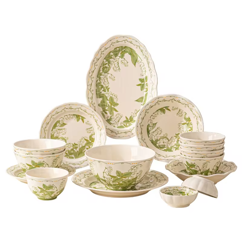 Tableware Set Fresh Green Plants 9/32/44pcs Japanese Ceramics Dish Sets Full Set Luxury Dinnerware Set For 2/4/6/8/10 Persons