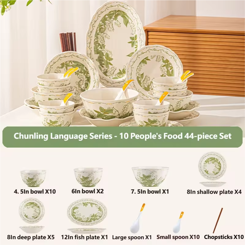 Tableware Set Fresh Green Plants 9/32/44pcs Japanese Ceramics Dish Sets Full Set Luxury Dinnerware Set For 2/4/6/8/10 Persons