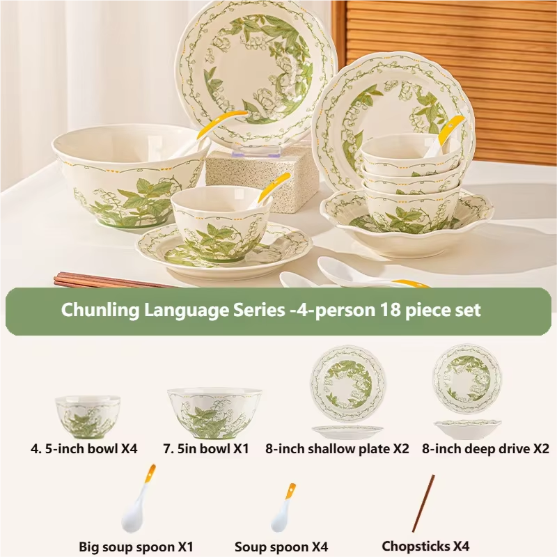Tableware Set Fresh Green Plants 9/32/44pcs Japanese Ceramics Dish Sets Full Set Luxury Dinnerware Set For 2/4/6/8/10 Persons