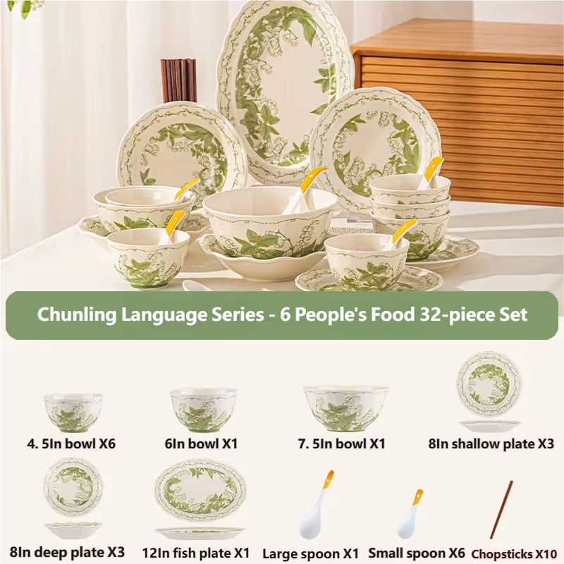 Tableware Set Fresh Green Plants 9/32/44pcs Japanese Ceramics Dish Sets Full Set Luxury Dinnerware Set For 2/4/6/8/10 Persons