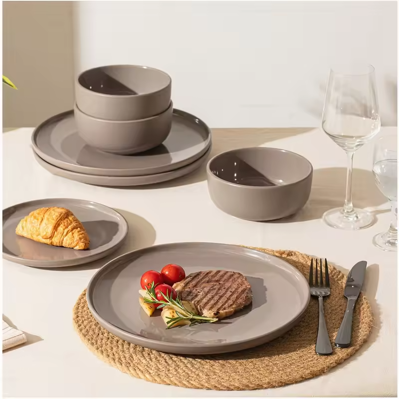12-Piece Two-Tone Stoneware Dinner Set – Reactive Glazed Plates & Bowls for 4 | Modern Straight-Edge Design | Scratch-Resistant