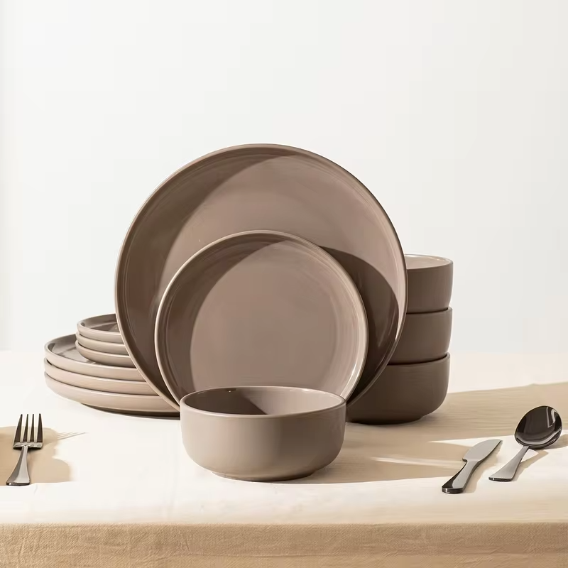 12-Piece Two-Tone Stoneware Dinner Set – Reactive Glazed Plates & Bowls for 4 | Modern Straight-Edge Design | Scratch-Resistant