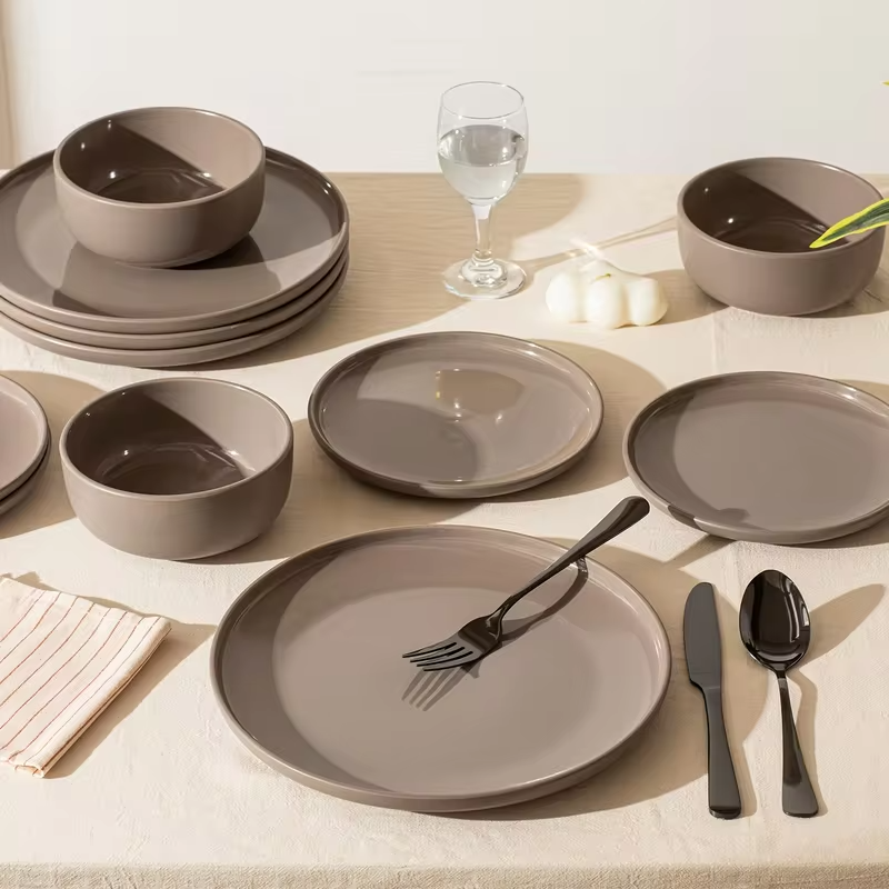 12-Piece Two-Tone Stoneware Dinner Set – Reactive Glazed Plates & Bowls for 4 | Modern Straight-Edge Design | Scratch-Resistant