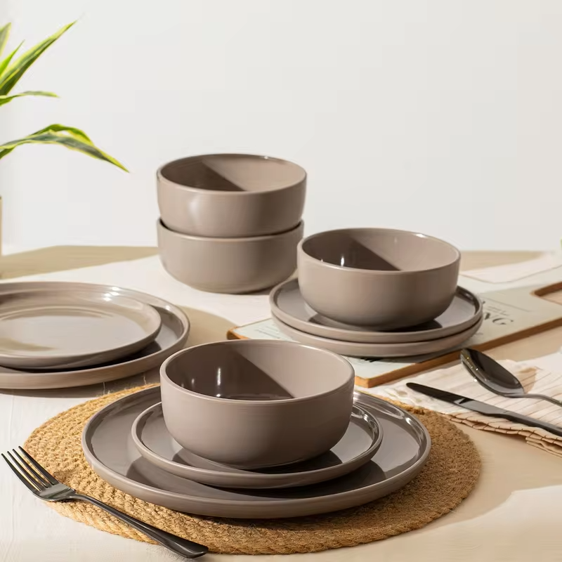 12-Piece Two-Tone Stoneware Dinner Set – Reactive Glazed Plates & Bowls for 4 | Modern Straight-Edge Design | Scratch-Resistant