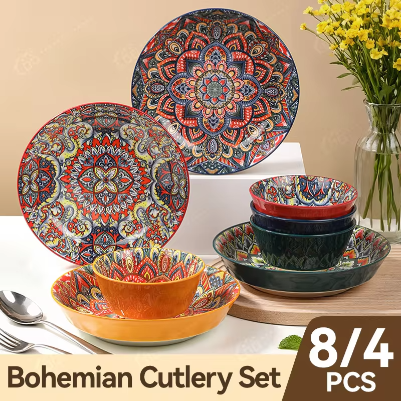 Boho Ceramic Dinnerware Set – 8-Piece or 4-Piece Mandala-Print Plates & Bowls, Microwave Safe & Dishwasher Safe, Ideal for Pasta