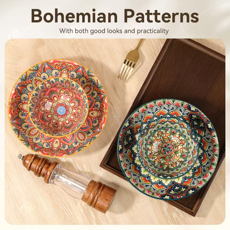 Boho Ceramic Dinnerware Set – 8-Piece or 4-Piece Mandala-Print Plates & Bowls, Microwave Safe & Dishwasher Safe, Ideal for Pasta