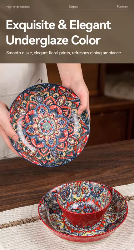 Boho Ceramic Dinnerware Set – 8-Piece or 4-Piece Mandala-Print Plates & Bowls, Microwave Safe & Dishwasher Safe, Ideal for Pasta