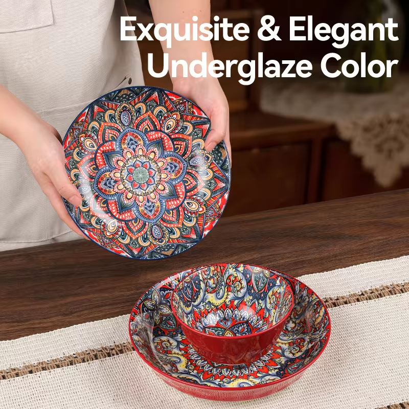 Boho Ceramic Dinnerware Set – 8-Piece or 4-Piece Mandala-Print Plates & Bowls, Microwave Safe & Dishwasher Safe, Ideal for Pasta