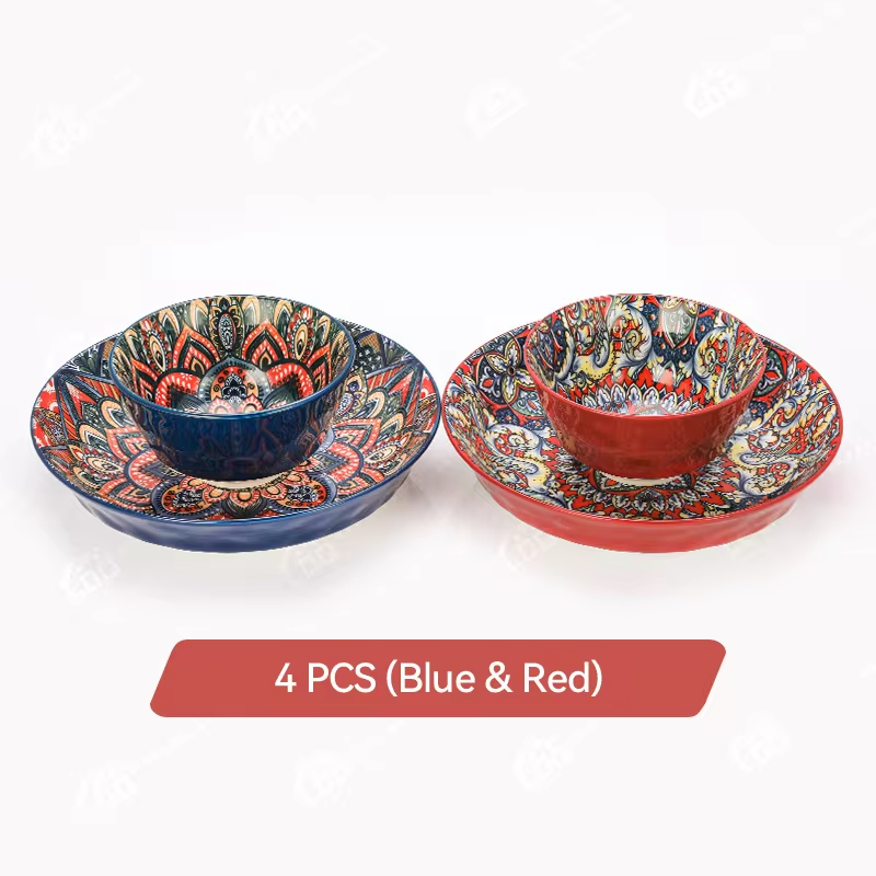 Boho Ceramic Dinnerware Set – 8-Piece or 4-Piece Mandala-Print Plates & Bowls, Microwave Safe & Dishwasher Safe, Ideal for Pasta