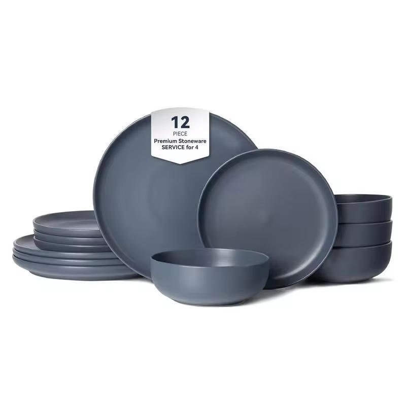 12-Piece Stoneware Dinner Plates Bowls Sets | Microwave & Dishwasher Safe | Non-Toxic Dinner Plates Bowls Set | Stackable Matte Glaze Kitchenware for 4