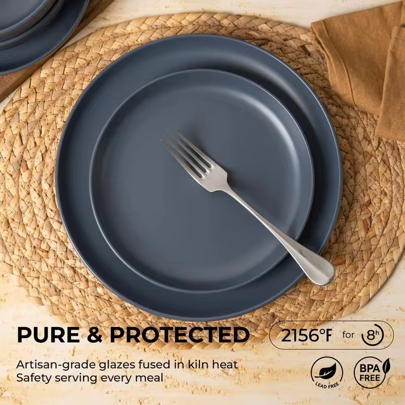 12-Piece Stoneware Dinner Plates Bowls Sets | Microwave & Dishwasher Safe | Non-Toxic Dinner Plates Bowls Set | Stackable Matte Glaze Kitchenware for 4