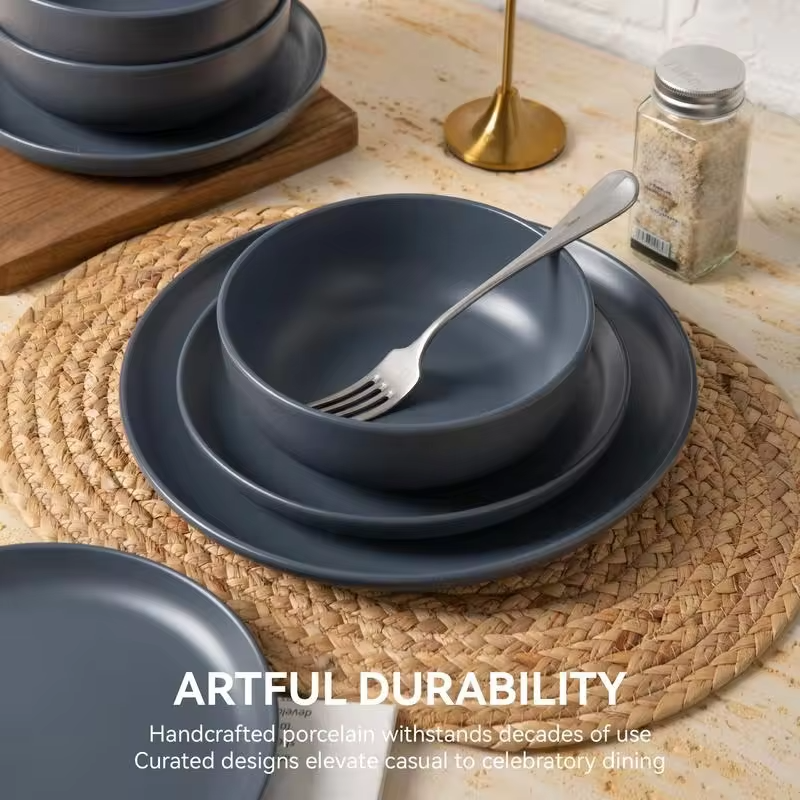 12-Piece Stoneware Dinner Plates Bowls Sets | Microwave & Dishwasher Safe | Non-Toxic Dinner Plates Bowls Set | Stackable Matte Glaze Kitchenware for 4