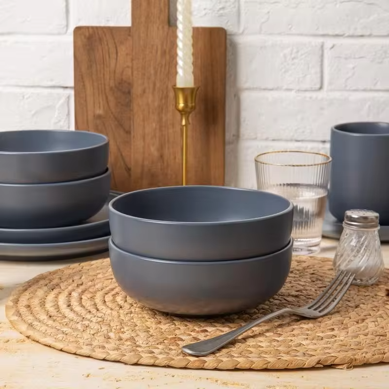 12-Piece Stoneware Dinner Plates Bowls Sets | Microwave & Dishwasher Safe | Non-Toxic Dinner Plates Bowls Set | Stackable Matte Glaze Kitchenware for 4