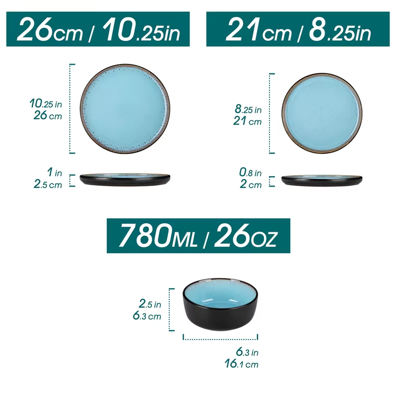 Vancasso AMBER 12/16 Piece Ceramic Dinnerware Set Matte Black Stoneware Plates Set with 4/6 Pcs Dinner Plate/Dessert/Bowl/Soup