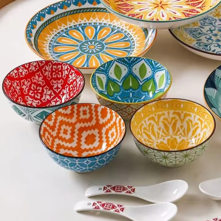 16-Piece Bohemian Ceramic Dinnerware Set for 4 People Plate Bowl Spoon Dish Kitchen Restaurant Tableware